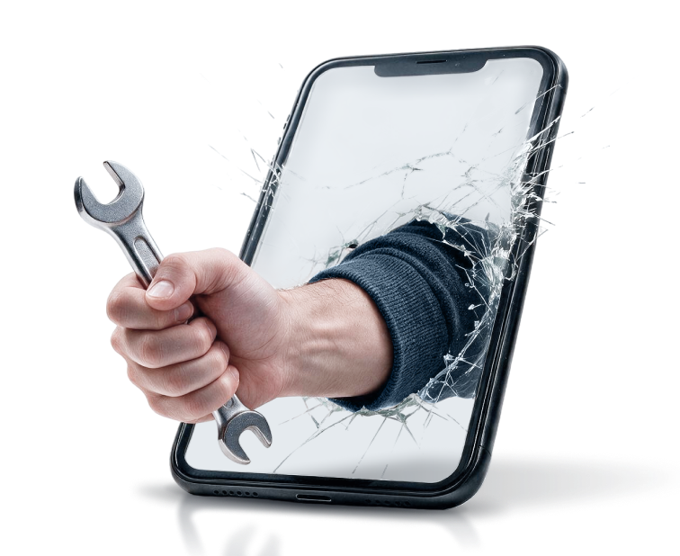 Рука с гаечным ключом из экрана смартфона